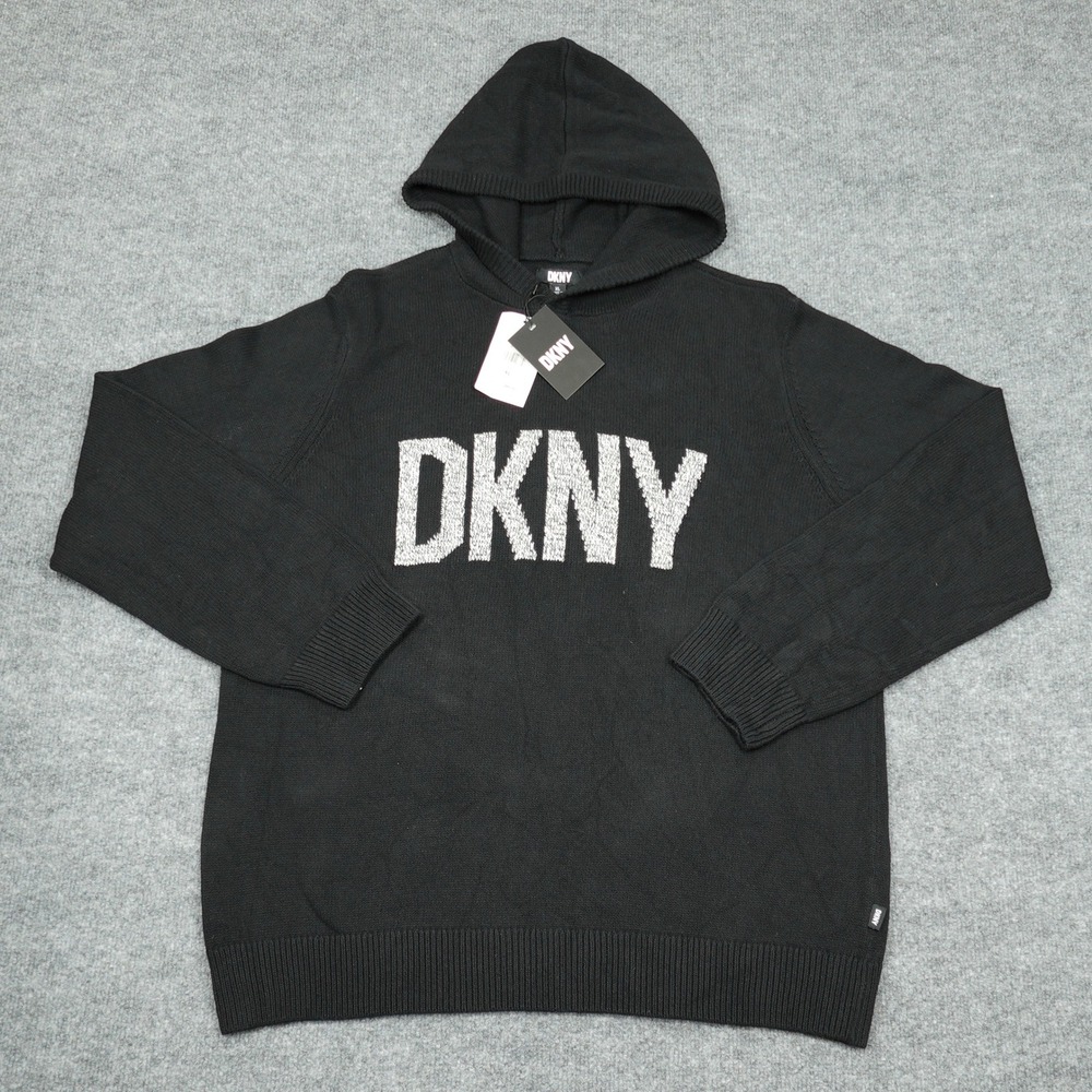 DKNY Sweater Womens XL Black Knit Logo Pullover Hooded Long Sleeve Graphic